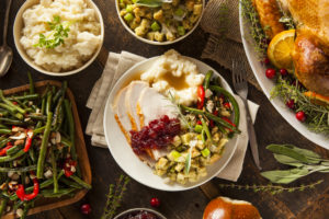 Thanksgiving dinner table setting, above view